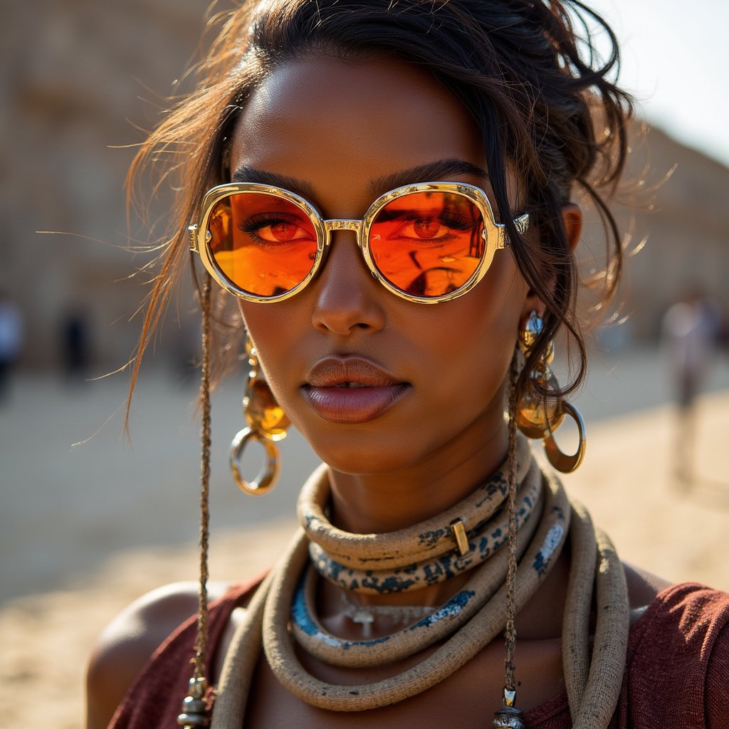 woman in a visually powerful, artistic look reflecting the energy of Burning Man. The atmosphere captures the desert’s dreamlike quality with soft haze, glows, and filtered sunrays. Elements like layered textures, metallic accents, or desert-style accessories enrich the aesthetic. Her presence feels otherworldly and self-expressive. Studio-style lighting blends dramatic highlights with warm ambient tones. Hyper-detailed, sharp focus, glowing depth, mystical energy.
