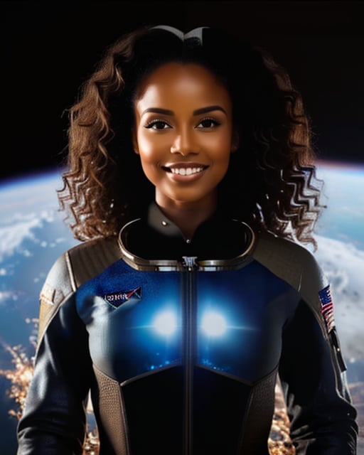 Female astronaut in spacecraft, reflective visor, starry surroundings.