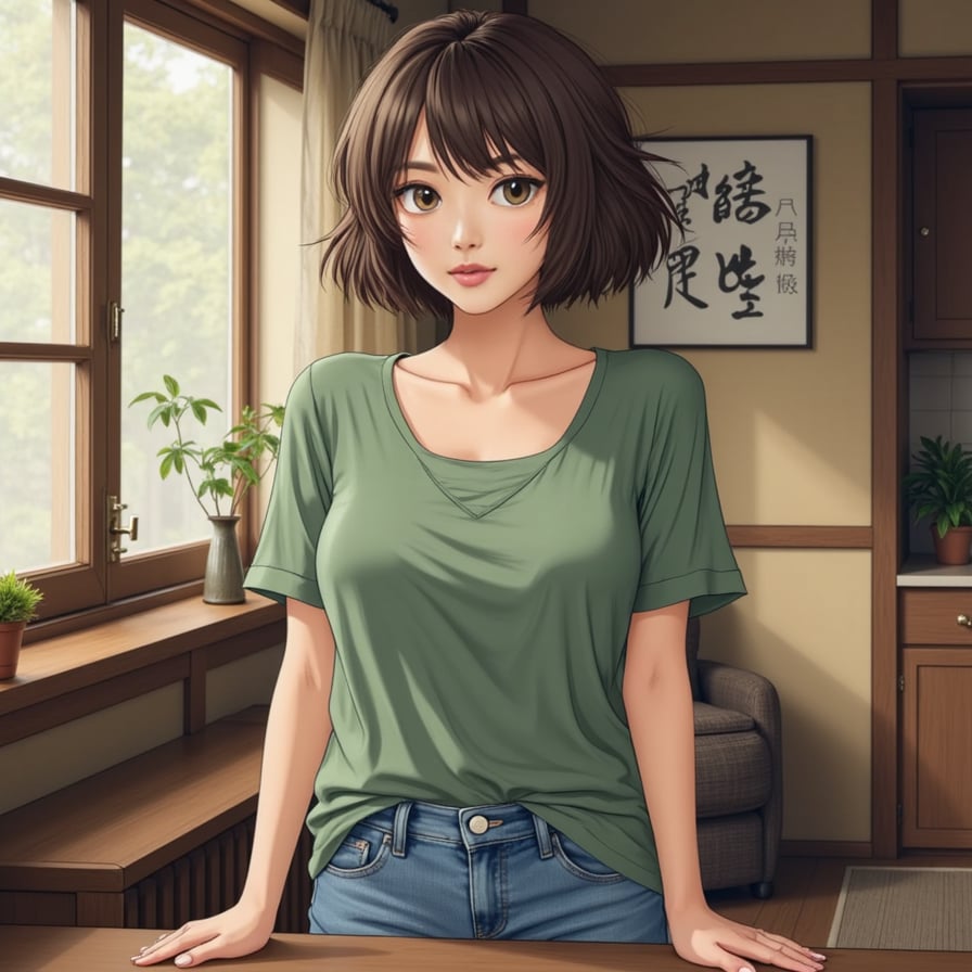 A woman depicted precisely as a character from one of Studio Ghibli's famous scenes, perfectly replicating the original animation style, mood, and details.