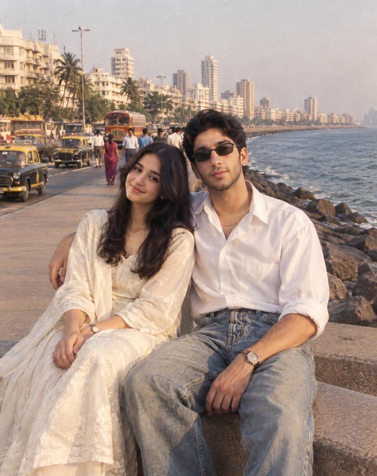 AUTHENTIC 1990s MUMBAI COUPLE PHOTOGRAPH - MARINE DRIVE:
4:5 vertical portrait o