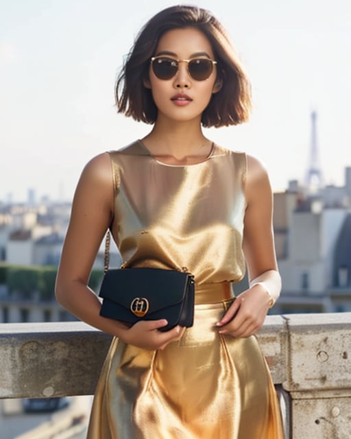 Woman in sundress, ancient European fountain, soft warm lighting.