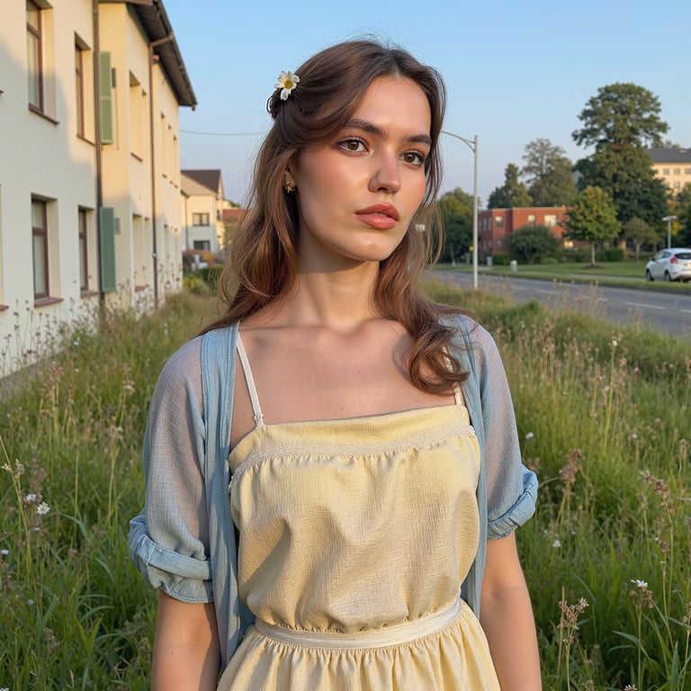 Ultra-realistic 1960s senior girl portrait taken outdoors in a meadow near the s