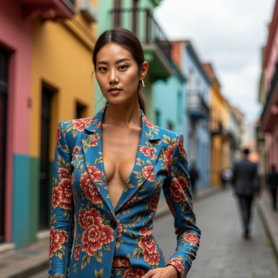 Dynamic urban explorer, bustling streets, graffiti art walls, and streetlights.