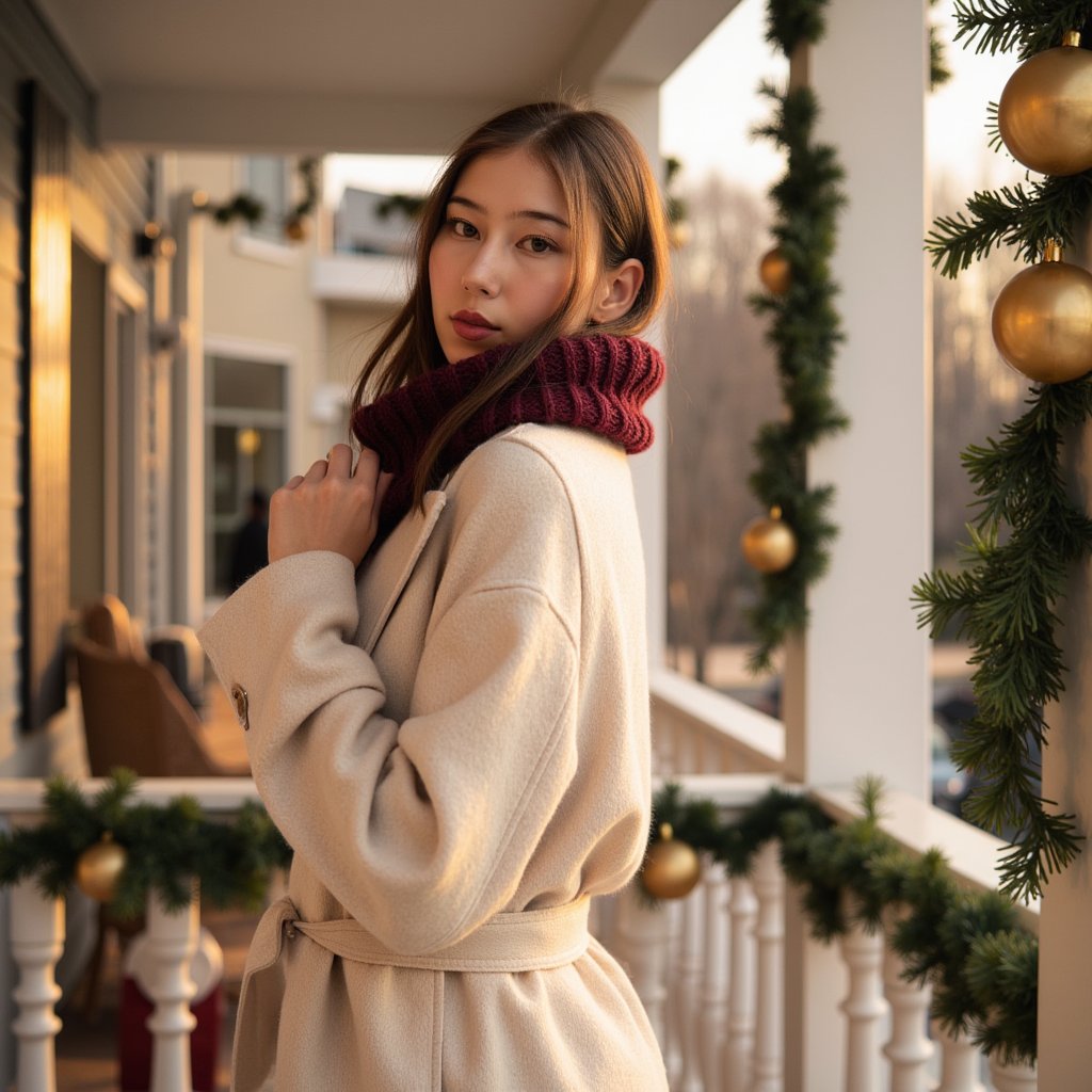 Waist-up portrait of a woman standing on a decorated porch during golden-hour winter light, body angled 25° from the camera, turning gently back toward the lens. She wears a cream wool wrap coat with a soft tie belt and a burgundy knit scarf layered neatly.
Hair: loose waves with halo-like warm highlights from sun.
Makeup: peach-gold luminous tones, soft coral lip.
Lighting: natural golden hour sunlight wraps around her hair (strong rim light), with a soft reflector fill from the front.
Background: blurred porch railing wrapped in garland and a few gold ornaments — minimal clutter, clean framing.
Camera: 85mm f/2; highly realistic, highly detailed, HDR, with strong emphasis on sunlit hair texture and wool fibers.