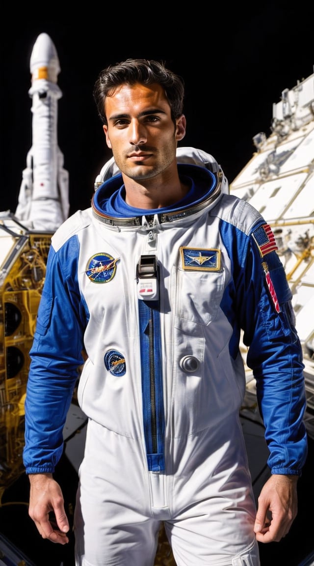 Heroic astronaut in spacesuit, vibrant lighting, tech-inspired backdrop.