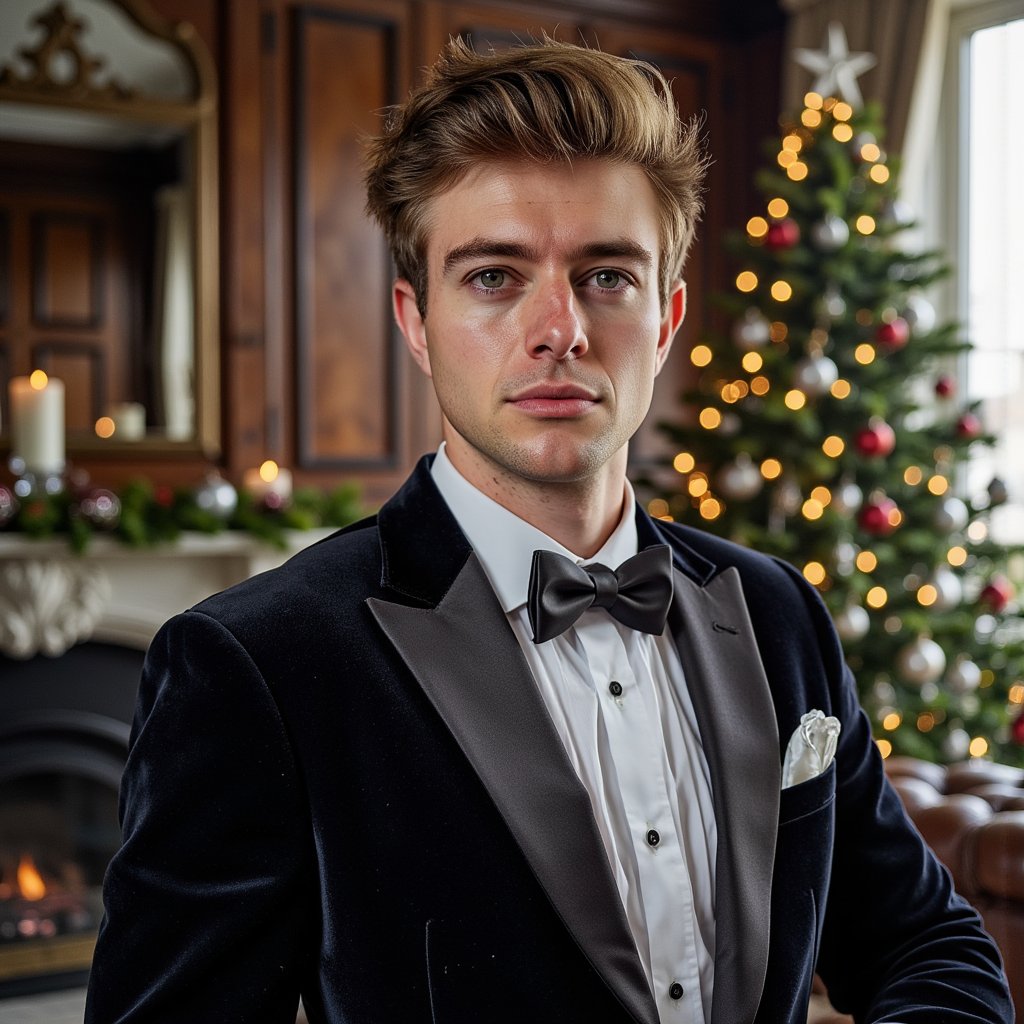 Close crop of a man in tuxedo (shawl-collar velvet dinner jacket, crisp pleated shirt, satin bow tie). Hairstyle: classic taper, slight quiff; clean shave. Fabric details: velvet nap, satin lapel reflection, micro-pleats. Camera: eye-level, 105mm macro-leaning portrait for extreme texture fidelity, f/2.0. Lighting: soft directional key (large softbox or window) + faint practical back glow from the tree for hairline separation. Background: blurred Christmas tree with crystal and glass ornaments, warm golden fairy lights; no extra props. Pose: chin slightly down, eyes centered, confident but soft gaze. Render: highly detailed, highly realistic, HDR; precise lapel edge and shirt pleat definition; natural skin pores.