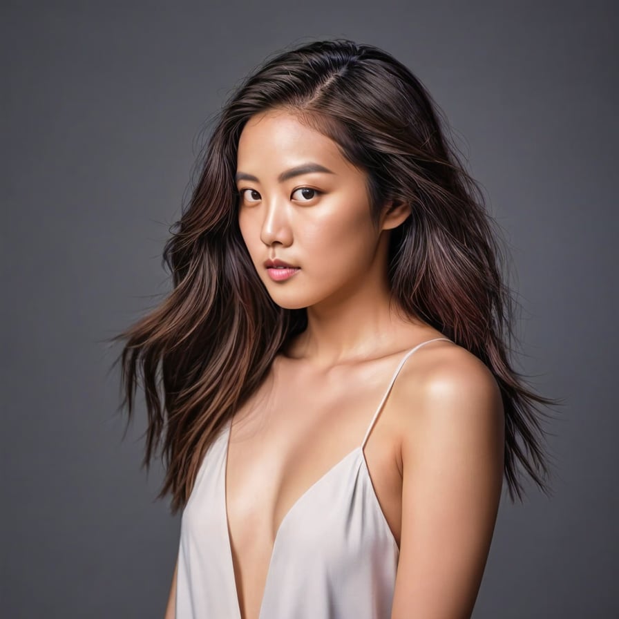 Woman in evening gown, dramatic lighting, sunset cityscape backdrop.