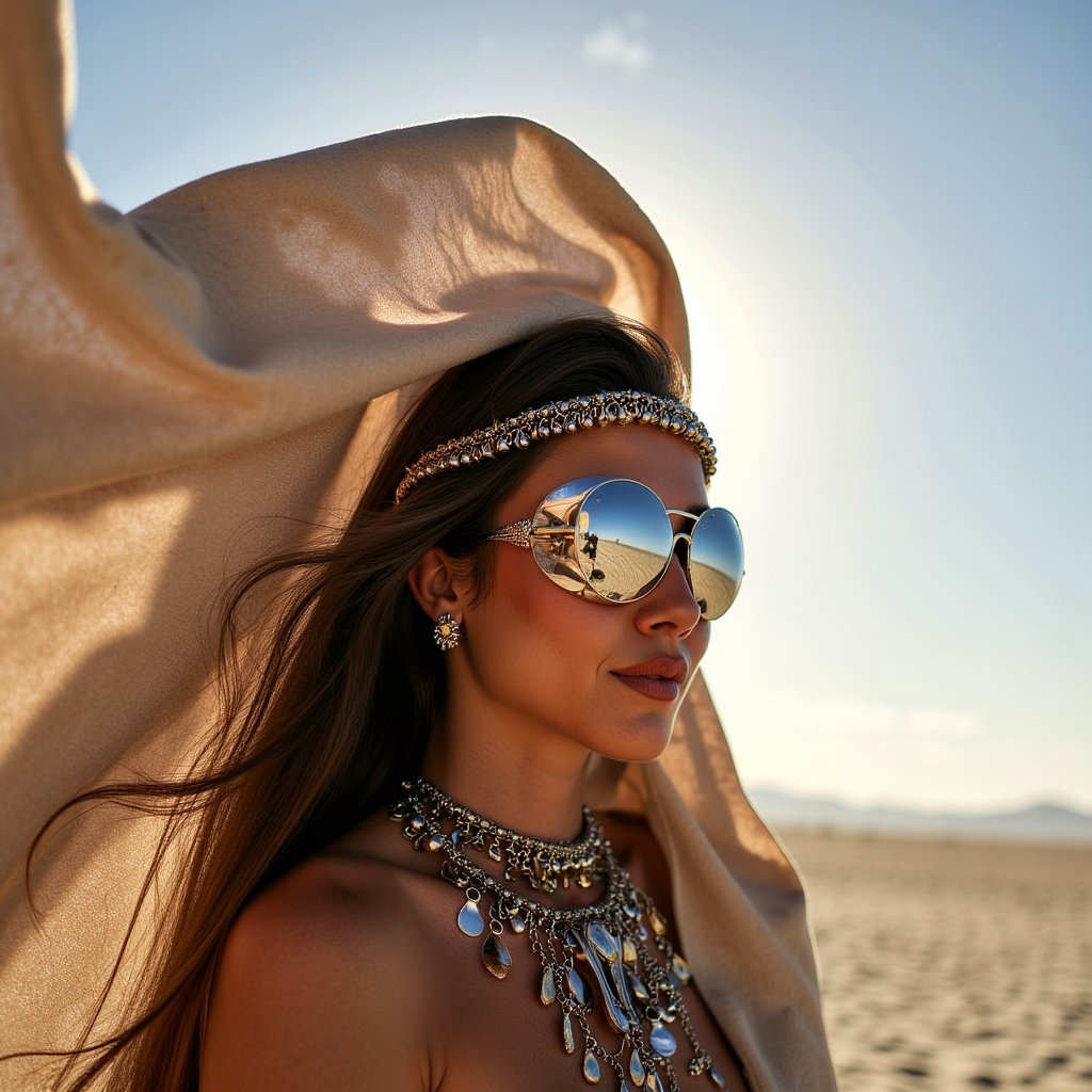 Artistic portrait of a Burning Man attendee wearing mirrored face gear and flowing desert cape, soft focus, surreal desert lighting