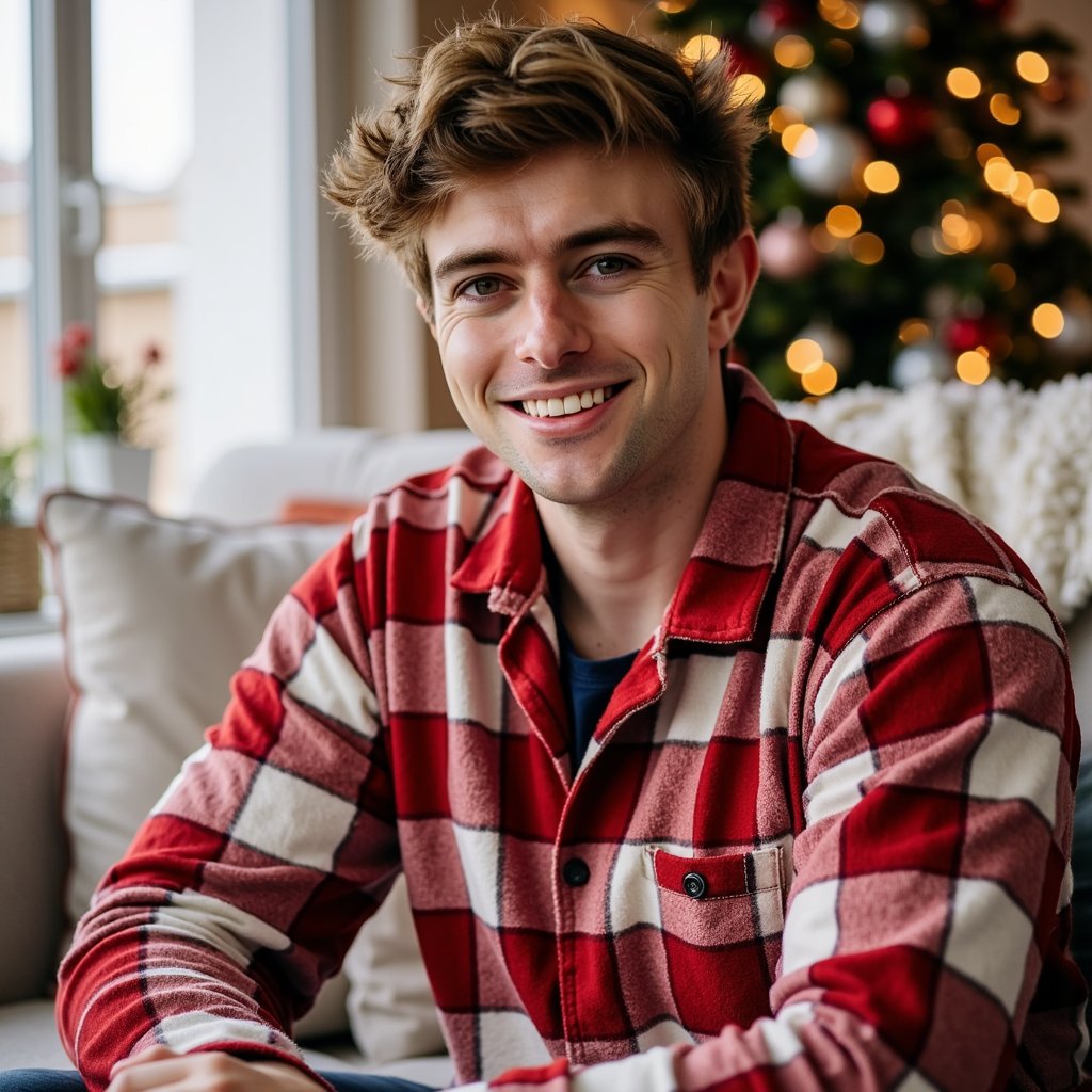 Headshot of a man seated on a sofa wrapped in a red-and-cream plaid pajama top, fabric soft and brushed with visible weave. He faces the camera directly, giving a warm relaxed expression with a slight closed-lip smile. Hair: short sides, slightly tousled top; light stubble. Lighting: warm morning window light from camera-left, with a soft fill to the right; gentle gradient shadows under jawline for depth. Background: blurred Christmas tree lights, a neutral-toned throw blanket, and a single ornament in soft bokeh; minimal clutter. Camera: 100mm macro portrait, f/2.8; highly realistic, highly detailed, HDR, especially eyes, beard texture, and plaid pattern.