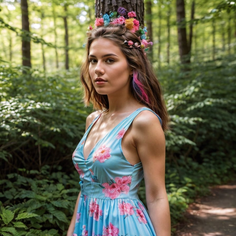 Energetic tropical adventurer, rainforest backdrop, lush greenery, and waterfalls.