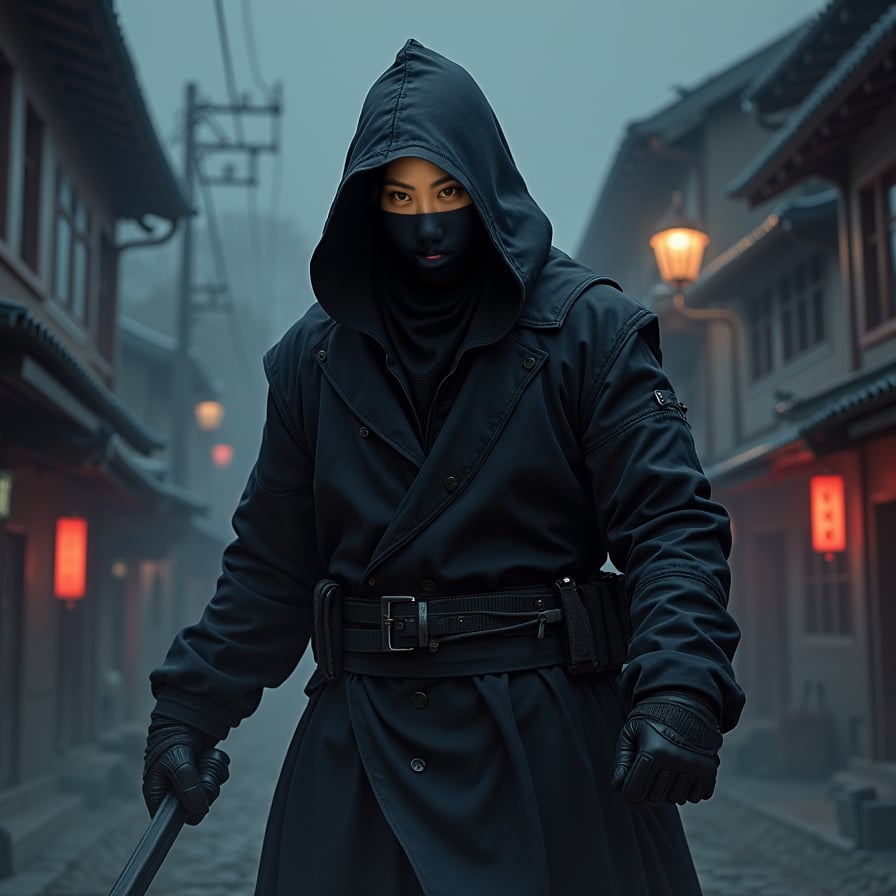 Ninja woman, stealthy movements, shadows, detailed, realistic.