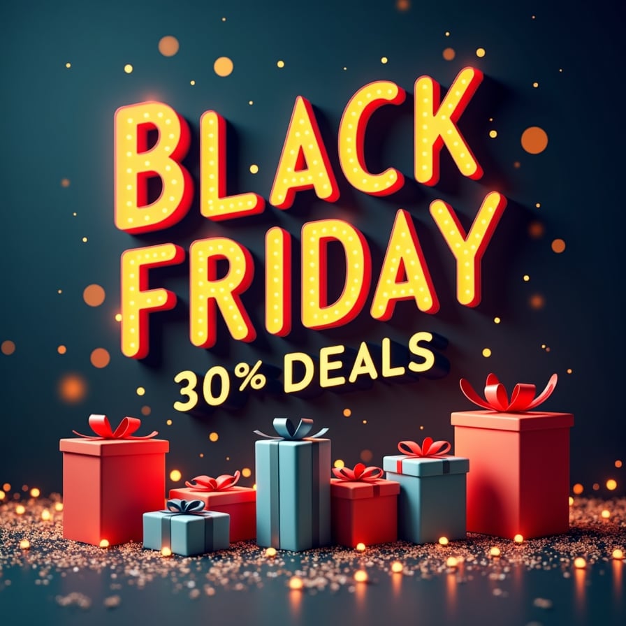 A modern, sleek digital banner showcasing Black Friday deals, featuring bold typography, vibrant colors, and festive holiday decor with shopping bags and gift boxes scattered stylishly, all on a dark, high-contrast background.