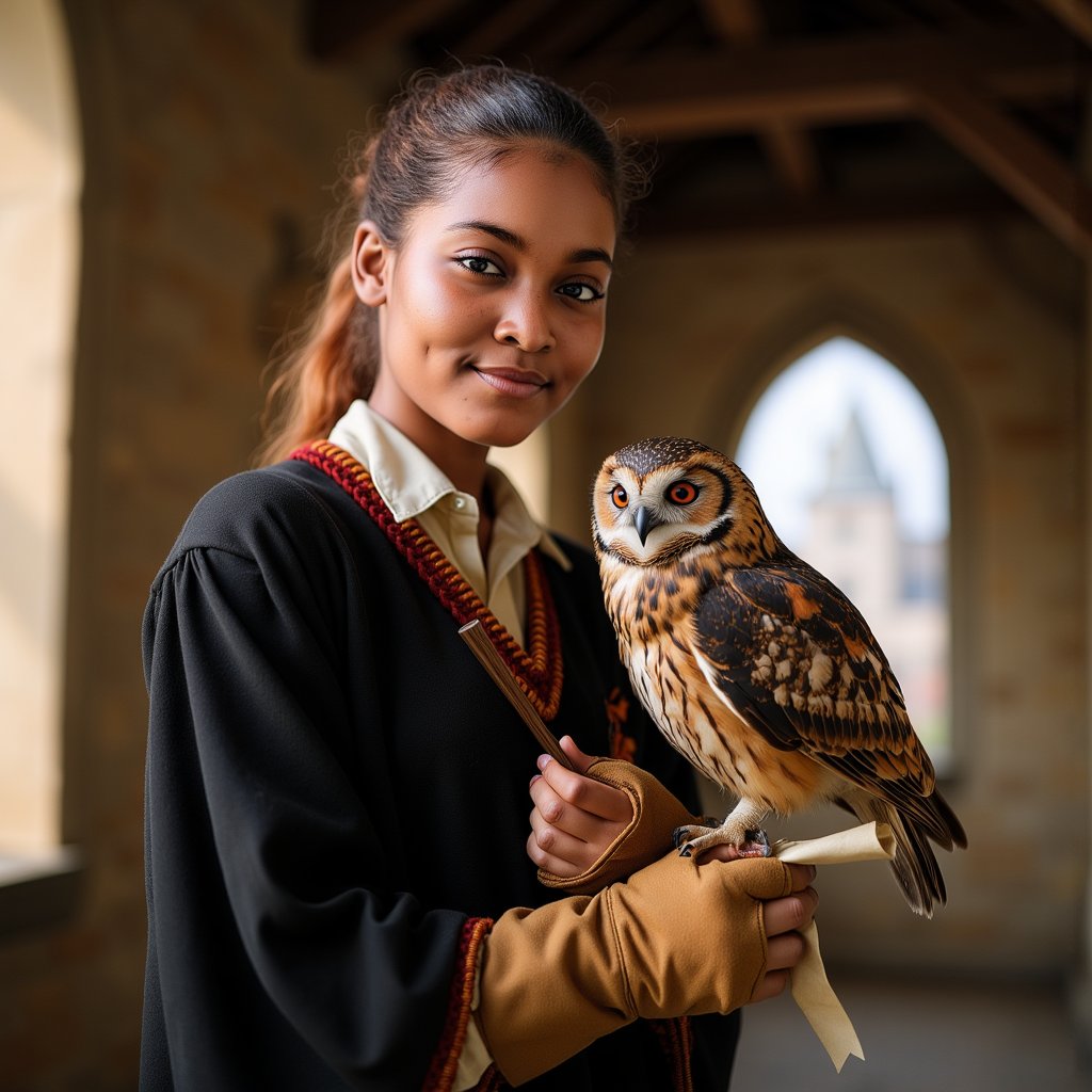 Highly realistic, ultra-detailed HDR portrait of a 15-year-old female Hogwarts student with light beige skin, light freckles across cheeks, soft brown almond-shaped eyes, and a small, gentle smile. Shoulder-length straight chestnut hair tucked neatly behind both ears, a few strands catching the light. Wearing a thick black wool Hogwarts robe with Gryffindor trim (red-and-gold threading visible, slightly frayed in places) over a cream cotton shirt. Pose: left arm bent upward, supporting a tawny owl perched on a brown leather falconry glove (visible creases and stitching in the glove), right hand delicately untying a parchment scroll from the owl’s leg. Camera: Canon EOS R5, 85mm f/2 prime lens, aperture f/2, shot at eye level for balanced perspective. Lighting: warm morning sunlight (4500K) streaming in from the left, casting gentle highlights on subject and owl feathers; faint cool fill from the right to balance contrast; catchlights visible in both human and owl eyes. Background: blurred wooden rafters and beams above, soft depth with no distracting elements.