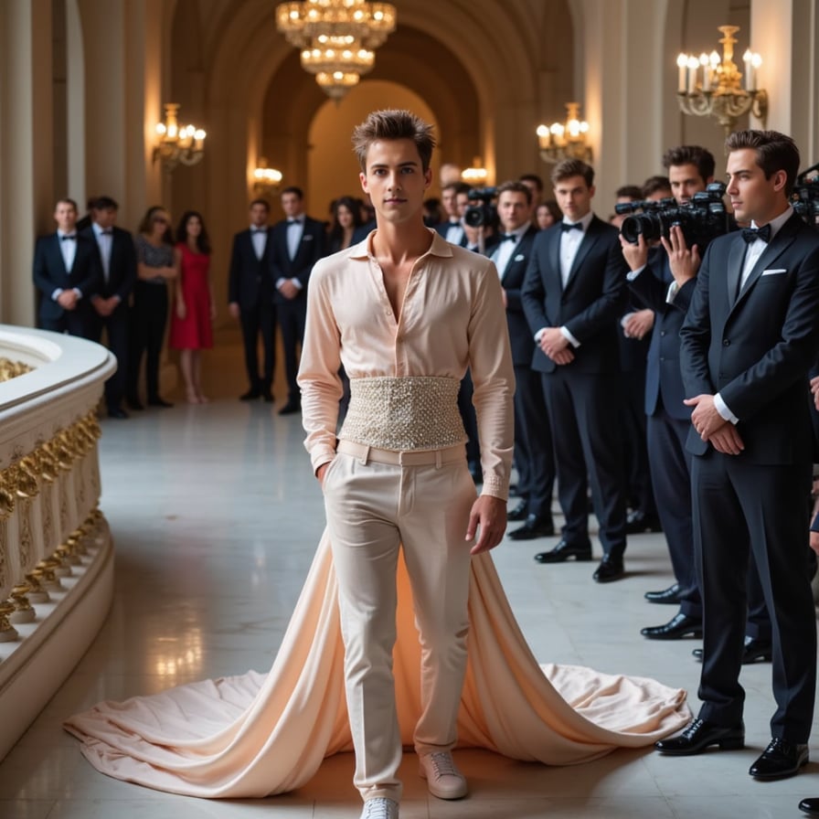 A gender-fluid Met Gala look for a man: oversized silk blouse with exaggerated ruffles, lace trousers, pearl corset, and a dramatic train in soft pastels.