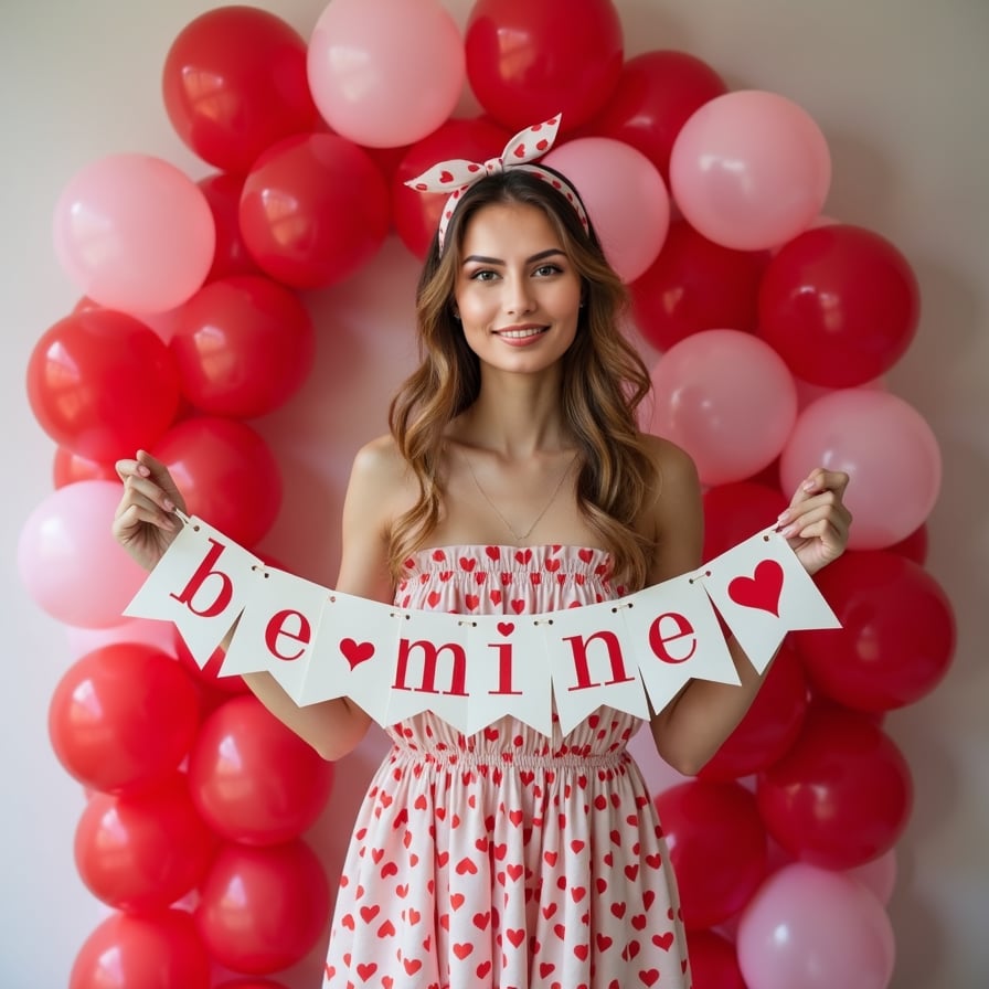 A model standing under an archway made of red and pink balloons, holding a "Be Mine" banner while wearing a heart-patterned dress and a matching headband.