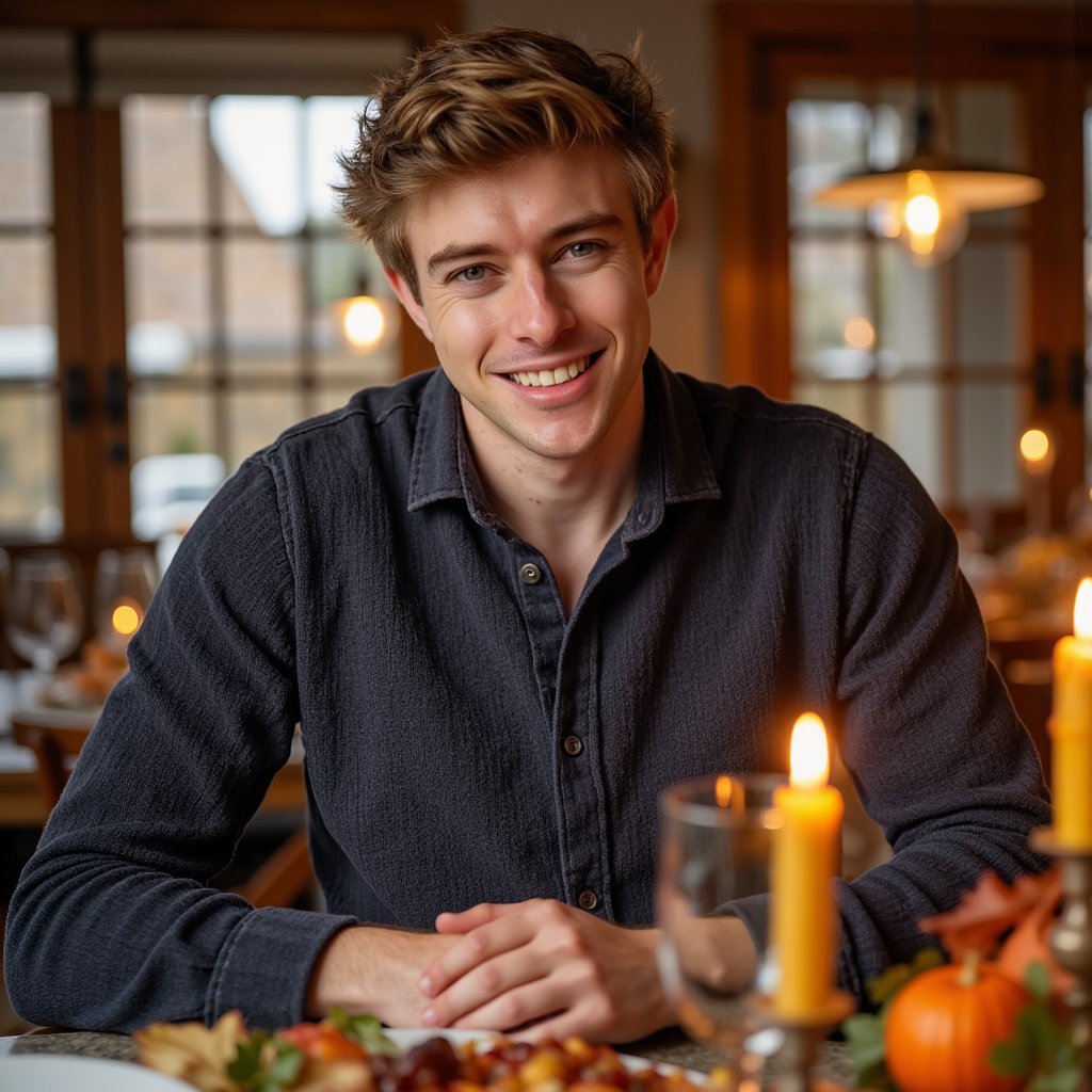 Highly detailed, highly realistic, hyperrealistic HDR waist-up portrait of a man (male, ~32 yrs) seated close to a Thanksgiving table. He wears a dark navy collared shirt with sleeves rolled to mid-forearm. The lighting comes from an overhead chandelier and side candlelight, producing warm highlights along his cheekbones and hairline. His expression open and gentle, as if mid-conversation. Background blurred — visible warm tones of wood, glass reflections, and hints of food platters without clutter. Detailed fabric weave, skin texture, and candle reflections give tactile realism. HDR, high resolution, high quality, highly detailed, photorealistic.
