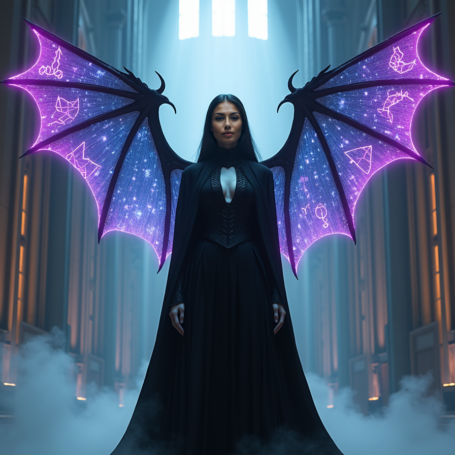 Depict a futuristic vampire woman with holographic wings standing in a grand, fu