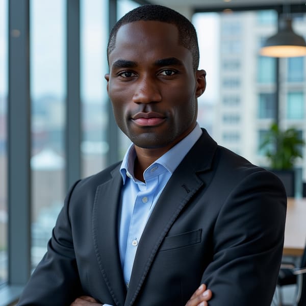 Close-up headshot of a man in a black suit and crisp blue shirt, direct frontal pose, serious gaze. Background: blurred glass meeting room. Balanced cool-toned lighting. Skin imperfections and subtle under-eye lines retained for realism. Clean hairline, sharp jawline.