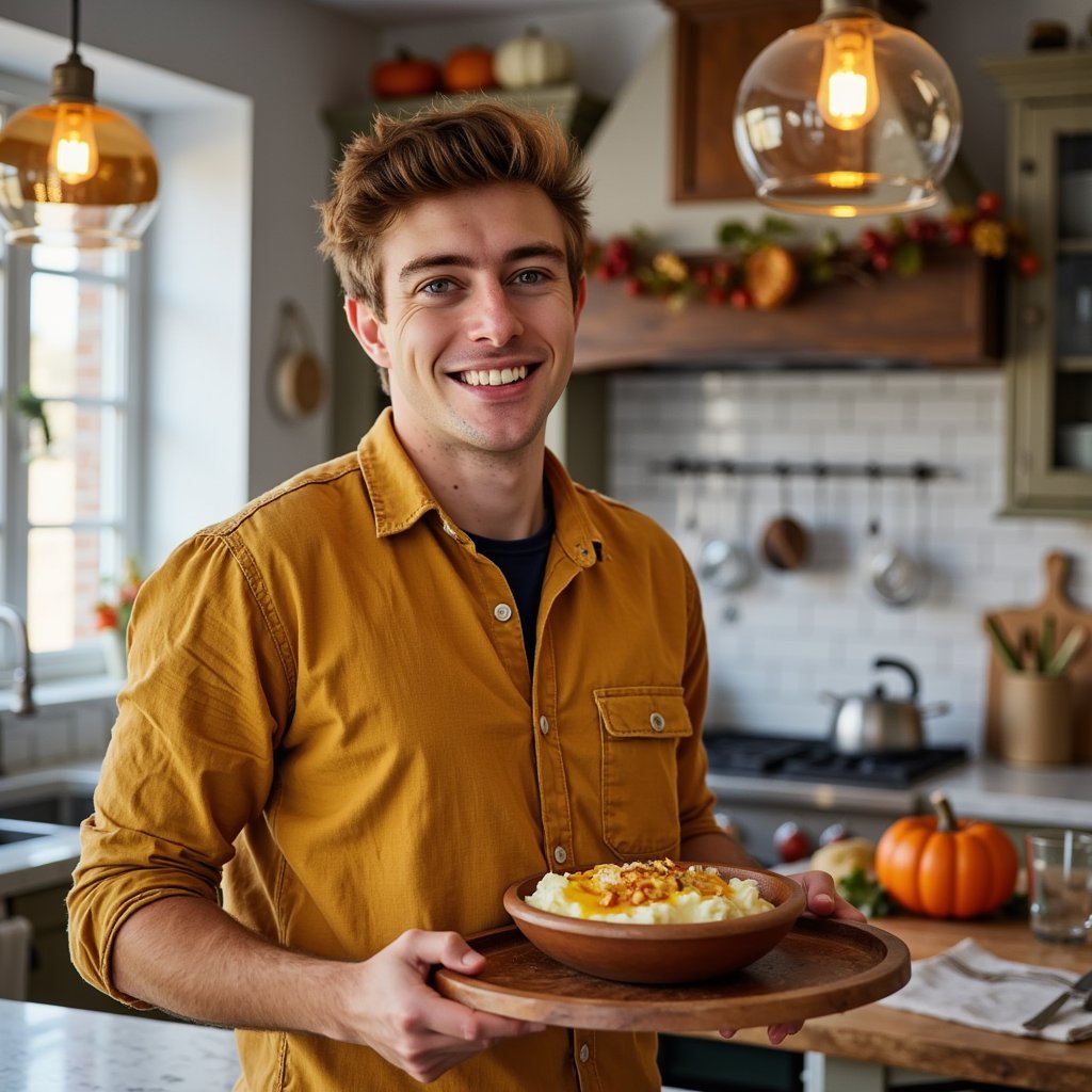 Highly realistic, highly detailed HDR image of a young Asian man (male, ~32 yrs) standing at a home kitchen island, waist-up, camera at slight side angle (~30°) from his left. He is wearing a mustard-yellow button-down flannel shirt with rolled-up sleeves and dark jeans (just barely visible), sleeves pushed up to forearms; his hair is dark brown, short on sides, slightly tousled top. Kitchen lighting: warm overhead pendant lights plus ambient daylight from a window behind the camera; soft highlights on his face and shirt. He is holding a carved-wood serving tray filled with mashed-potatoes-and-gravy bowl, slightly tilting forward as though offering it to someone. Facial detail: bright smile, teeth visible, light stubble, natural skin texture, warm brown eyes. Background: shallow depth of field blurs kitchen cabinets, a decorative pumpkin and autumn garland on the countertop behind; minimal clutter — a single glass of water and a linen napkin. Shirt fabric texture visible: flannel weave, rolled sleeves show wear. The image conveys friendly host, inviting Thanksgiving warmth.