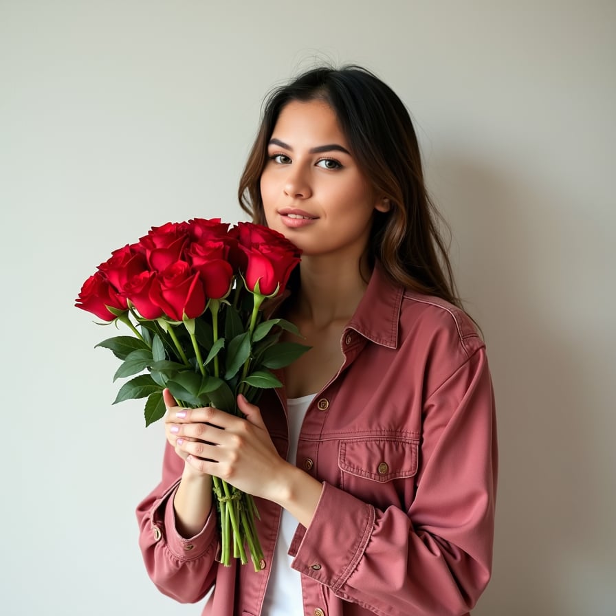 You hold a delicate bouquet of red roses, your smile radiating joy and excitement as you prepare to give it to the one you love