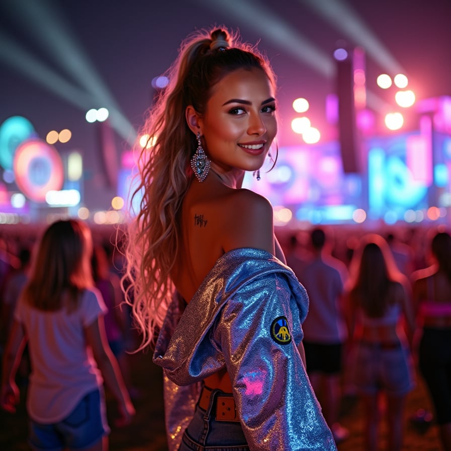 A woman with a radiant smile faces the camera at a massive music festival. She’s wearing a holographic jacket, glowing accessories, and metallic face paint. The background shows a huge, neon-lit stage with dynamic visuals and the crowd dancing in excitement. Bright lights, lasers, and bursts of color fill the night sky, adding to the enchanting festival atmosphere