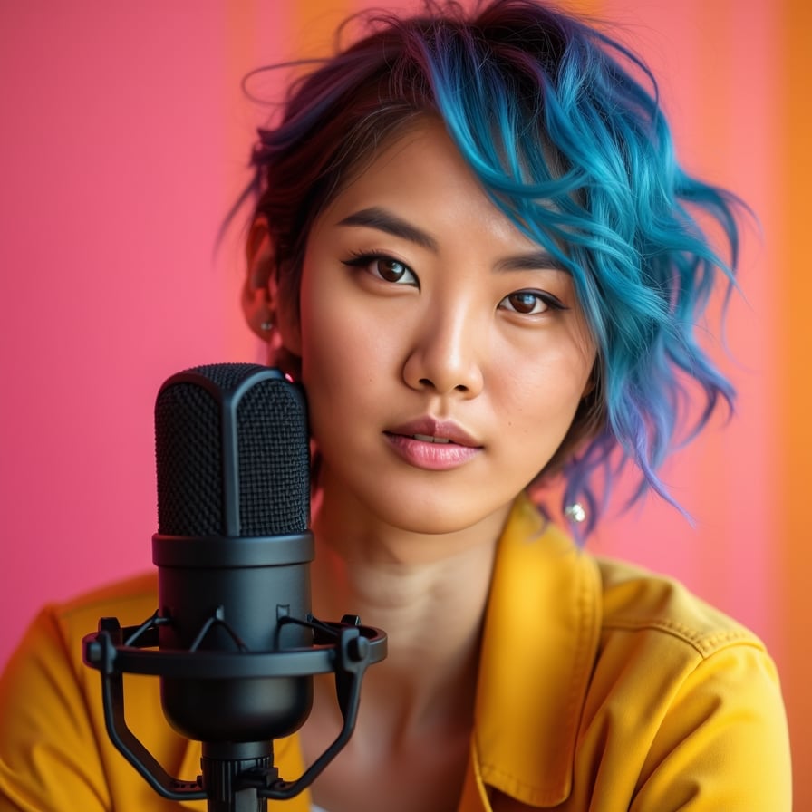 Create a thumbnail headshot of a woman with a friendly, enthusiastic expression. She is styled in modern, colorful clothing, set against a bold, patterned background. The composition should leave space for bold text, making it suitable for cross-platform promotion
