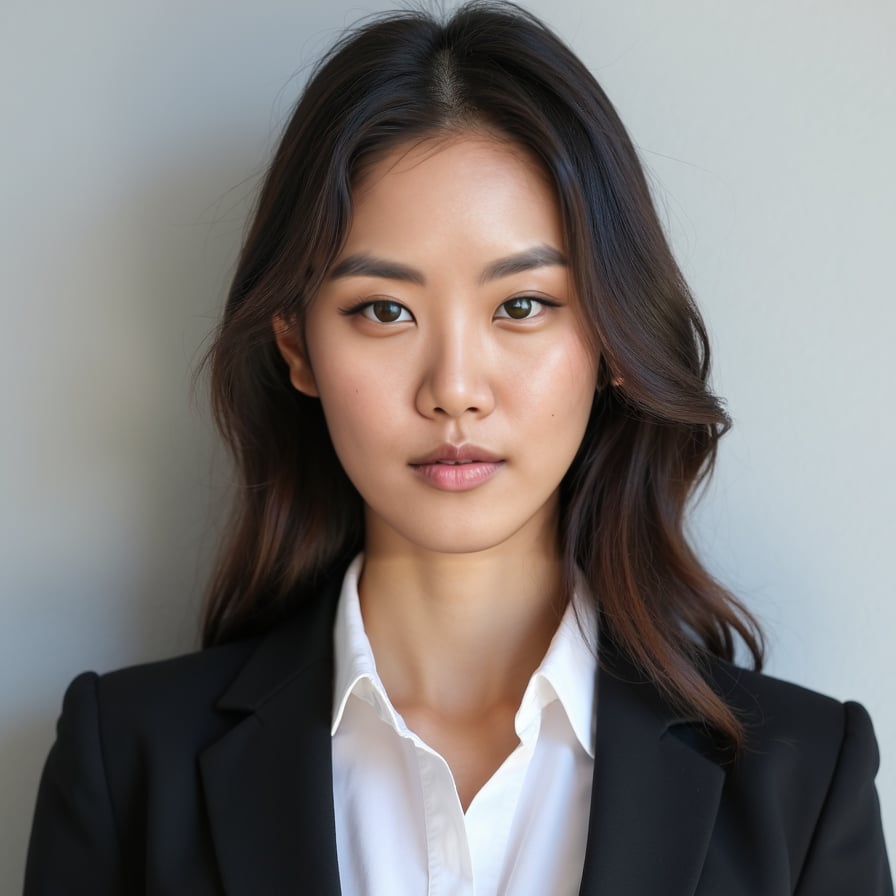 A passport-size photo of a professionally dressed individual, wearing a collared shirt and blazer. The background is plain light gray, the subject is centered and looking directly at the camera with a neutral expression. Lighting is balanced with no shadows or reflections