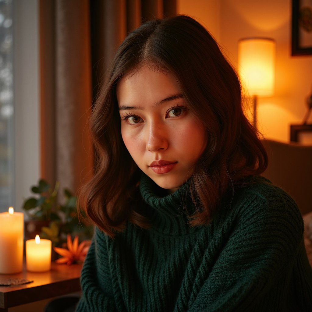 Highly detailed, highly realistic, hyperrealistic HDR close-up portrait of a woman (female, 40 yrs) illuminated by warm candlelight. Camera straight-on, tight head-and-shoulders framing. She wears a dark forest-green wool turtleneck sweater, texture clearly visible in soft folds around the neck. Her hair is mid-length, softly curled, dark brown with auburn undertones catching the candle glow. The background fades into rich darkness with bokeh from two small candles. Her expression gentle, eyes reflecting golden light. Visible skin texture, fine facial hair, soft sheen on lips, and subtle catchlight in eyes. Warm cinematic contrast, candlelight realism. HDR, high resolution, high quality, highly detailed, photorealistic.