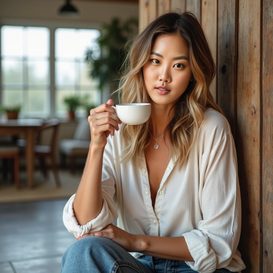 woman with a soft, playful expression. She is styled in comfortable, elegant clothing, sitting in a well-lit room with a cup of coffee or leaning against a rustic wooden fence. The image should highlight her natural charm and relatability