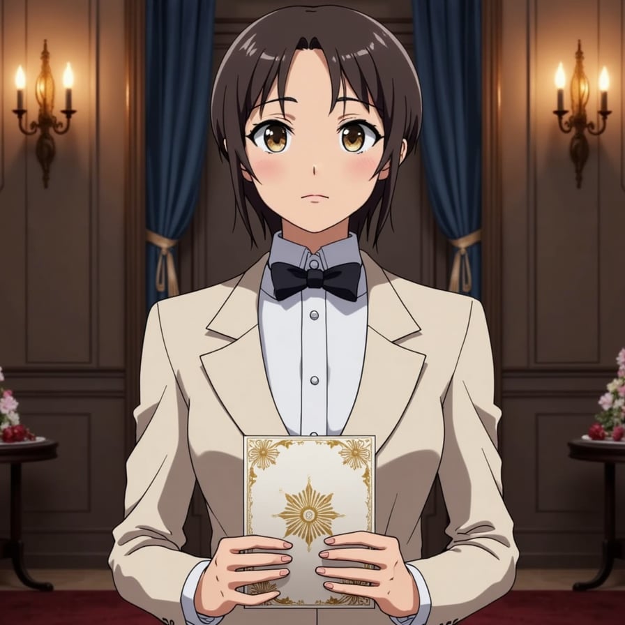 man in a formal tuxedo, holding an elegant invitation card with a luxurious embossed design, set against a sophisticated, dimly lit background with ornate decorations and candelabras.