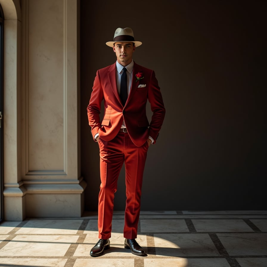 man dressed in a tailored, classic Godfather-inspired suit, wearing a fedora hat, adorned with a small, elegant red rose in his square pocket, standing against a dark, mysterious background with a grid-patterned floor, exuding an aura of sophistication and power.