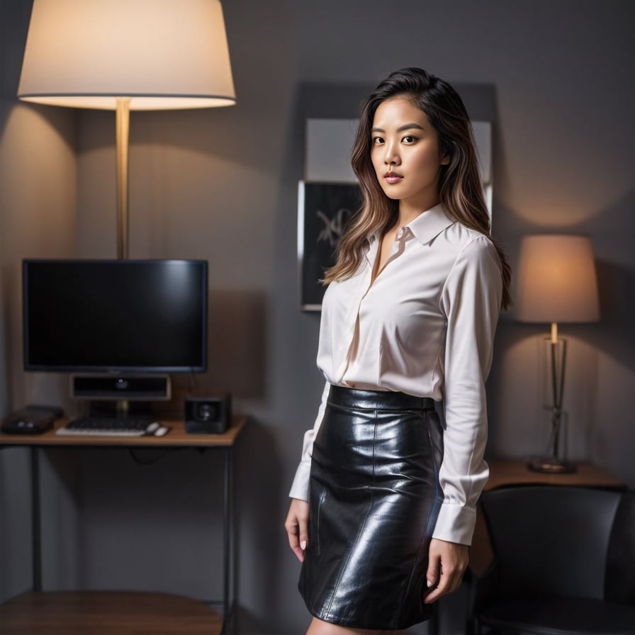 Woman in dark outfit, minimalist backdrop, professional, confident.