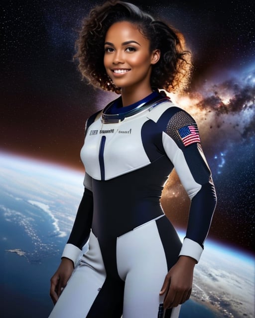 Female astronaut in spacecraft, reflective visor, starry surroundings.