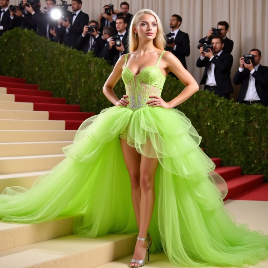 A confident female subject on the Met Gala carpet, in a sculptural neon-green gown with flowing digital textures, surrounded by camera flashes, luxury event backdrop, Instagram-ready framing