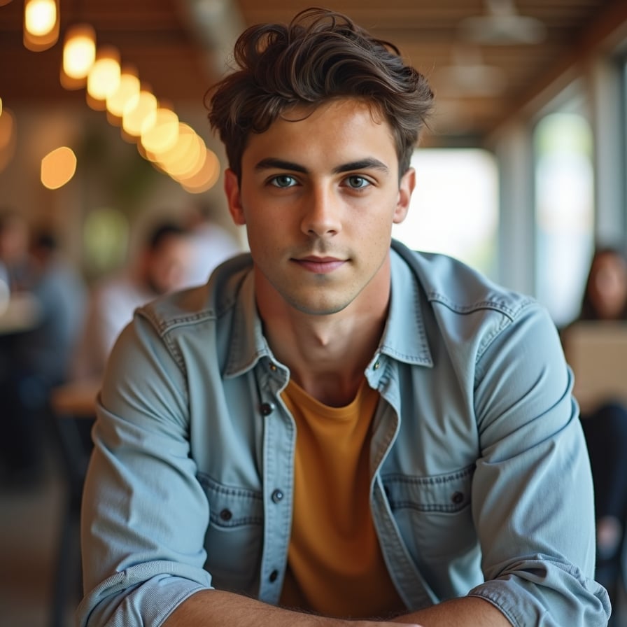 man optimized for a modern dating profile. The setting is clean and minimal, with soft, flattering lighting. He is wearing smart-casual attire, and his expression is confident yet approachable, perfect for making a memorable first impression