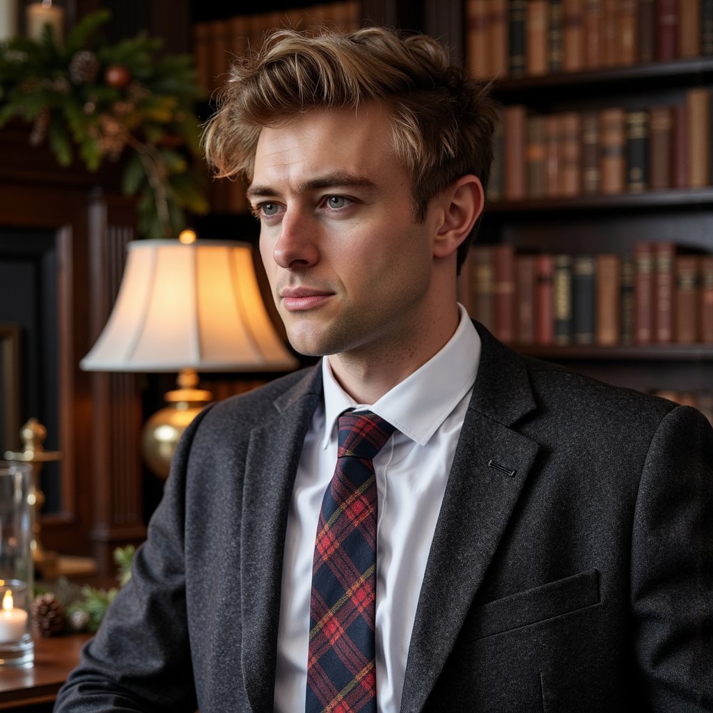 Close-up portrait of a man in an oak-paneled library, ambient light from a brass desk lamp. Hairstyle: side-part, soft wave; clean-shaven. Attire: dark tweed blazer, crisp white shirt, tartan tie. Fabric details: visible herringbone texture, tie weave, cotton thread. Camera: eye-level, 85mm, f/1.6 for gentle blur. Lighting: single tungsten lamp key + low ambient fill. Background: blurred shelves of books, muted garland with pinecones, brass lamp glow. Pose: neutral, composed, looking slightly away. Render: highly detailed, highly realistic, HDR; lifelike reflections in eyes, detailed fabric fibers, warm tonal contrast.