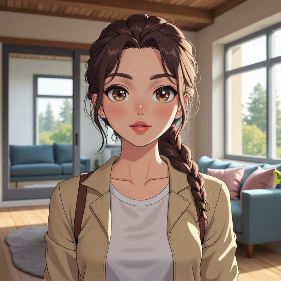 woman with a bright smile and subtle makeup, wearing a trendy outfit and accessories, posing for a selfie with a smartphone in a well-lit, modern room with a blurred background, capturing her confidence and playfulness.