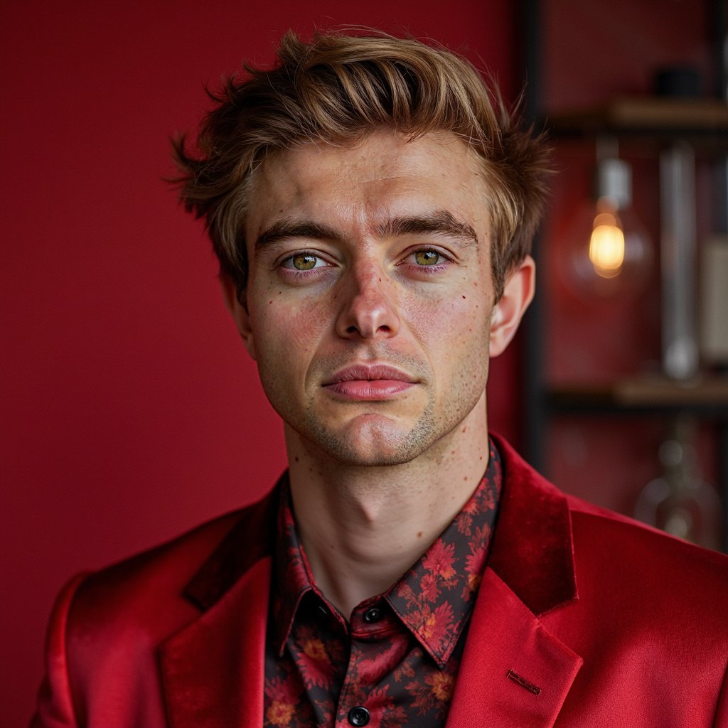 Frontal close-up portrait of a male model with clean skin, sharp jawline, and minimalistic makeup. Wearing a red satin jacket with sculptural collar. Background: solid bold red. Slight smirk, body straight. Spotlight lighting highlights satin reflections and skin contours. Subtle stubble, hair texture visible.