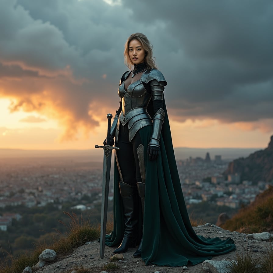 A woman dressed in medieval armor stands on a rocky hilltop, with storm clouds gathering behind her. She faces the camera with a fierce and resolute expression, holding a large sword planted in the ground in front of her. Her armor glints in the fading light of the day, and behind her, a vast battlefield stretches into the horizon. The atmosphere is epic, with a sense of an impending battle, captured in a grand, sweeping cinematic style.
