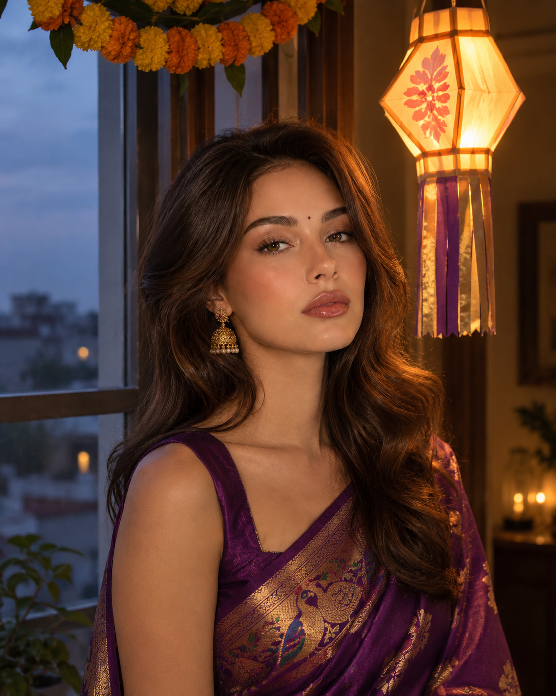 AI Diwali portrait of a woman in a purple Paithani saree beside a hanging paper lantern