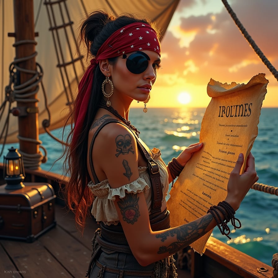 woman in pirate attire, holding a worn, yellowed treasure map, standing at the bow of a rustic, weathered pirate ship, surrounded by billowing sails and ropes, with a worn, leather-bound chest and a lantern nearby, under the warm, golden light of a tropical sunset.