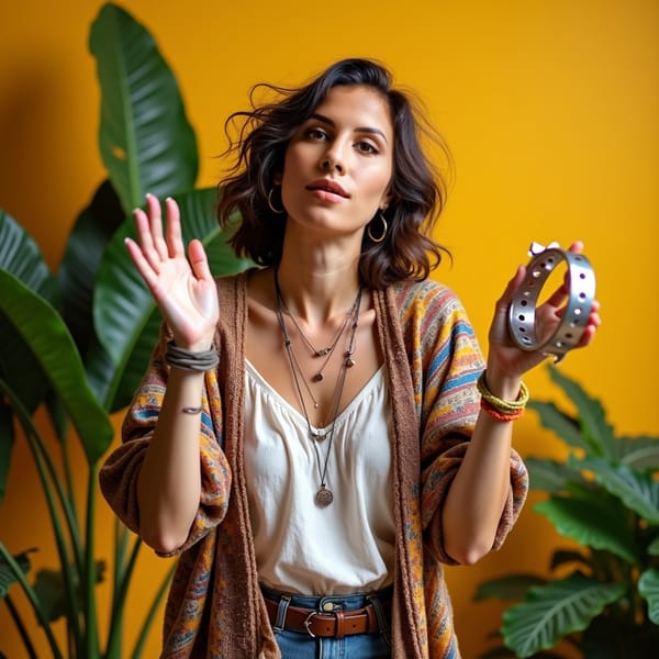 woman with bright smile and energetic pose, holding a tambourine, wearing a colorful outfit with a fun pattern, against a vibrant and playful background, radiating joy and enthusiasm while singing a catchy jingle.