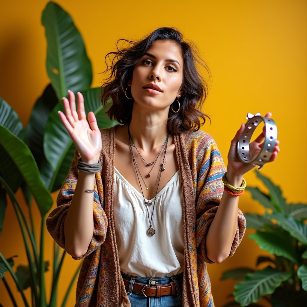 woman with bright smile and energetic pose, holding a tambourine, wearing a colorful outfit with a fun pattern, against a vibrant and playful background, radiating joy and enthusiasm while singing a catchy jingle.