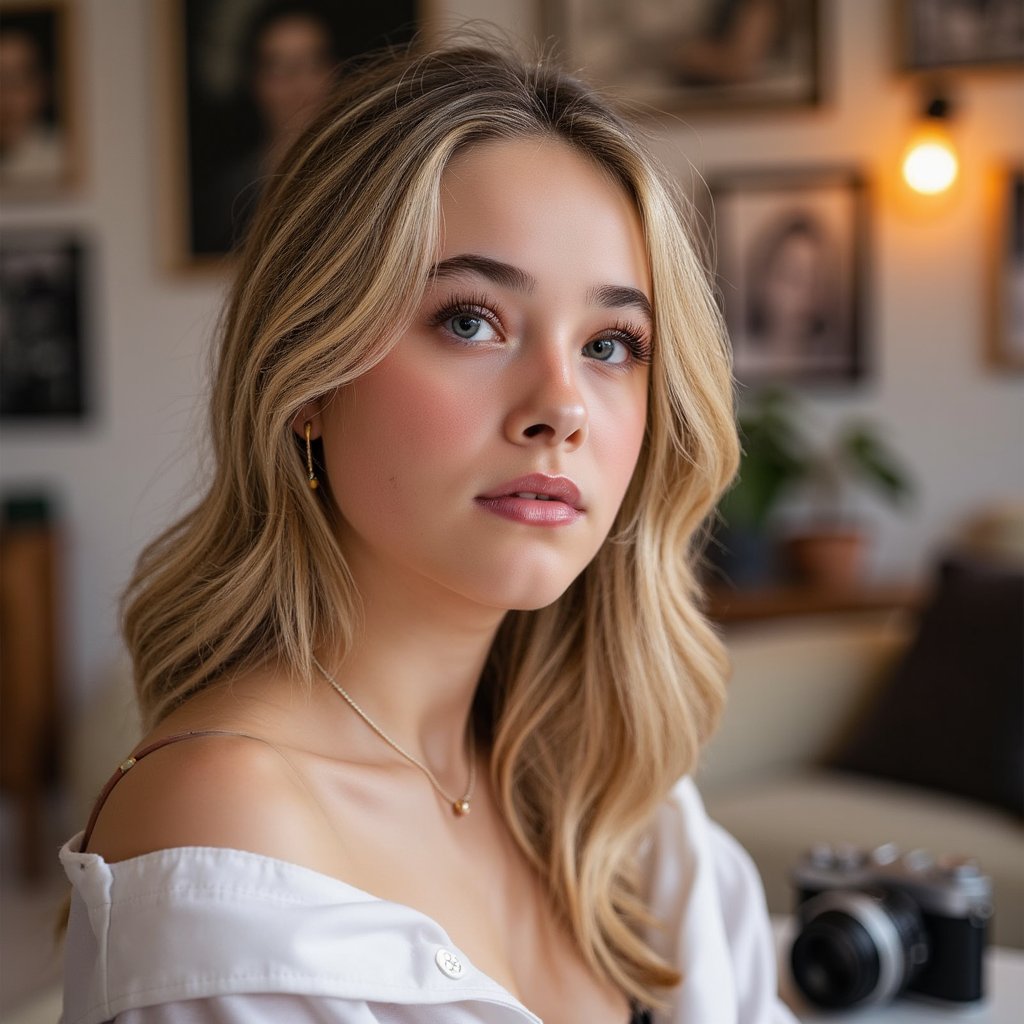 Studio-style headshot of a woman captured on World Photography Day, soft key light on face, bokeh background, natural expression, fashion-magazine quality