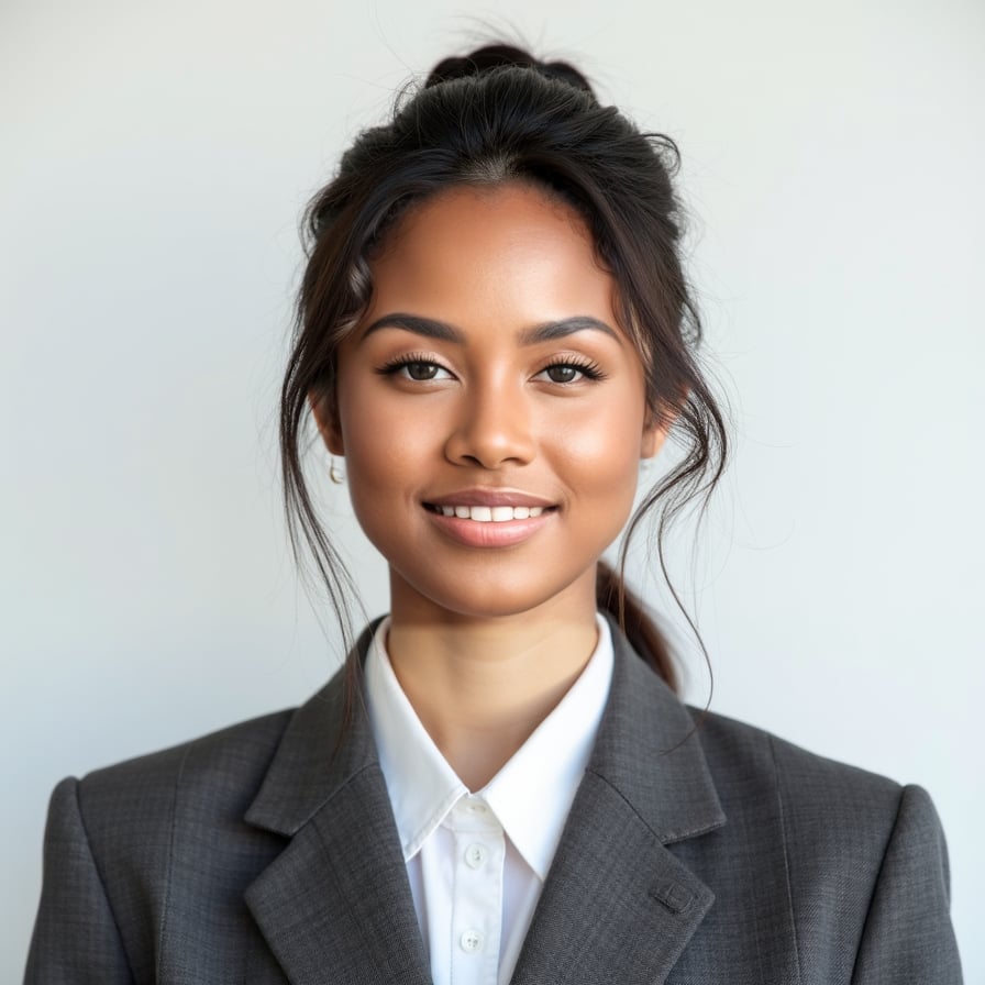 A passport-size photo of a person wearing traditional formal attire, with a neutral expression. The background is plain white, even lighting is used to eliminate shadows. The person is centered and looking directly at the camera