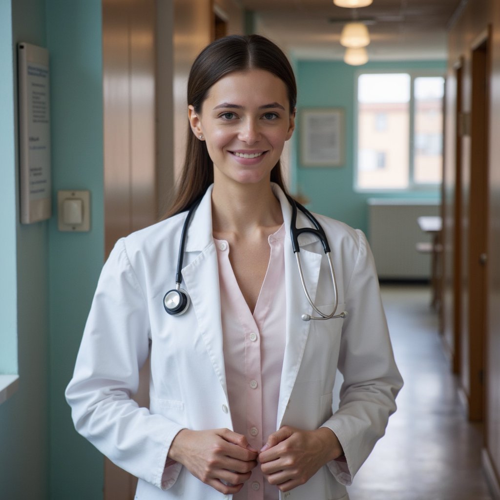 Highly detailed, highly realistic HDR portrait of a woman doctor in pristine white cotton lab coat over pale pink blouse; stethoscope draped around neck; hair in neat ponytail. Camera: 70mm lens, f/2.5, ISO 400, chest-up, eye-level framing. Lighting: daylight from large window as soft key, subtle fluorescent fill from ceiling; faint shadow under jaw. Pose: standing with hands gently clasped at midsection, calm confident smile. Background: softly blurred corridor with pastel walls and signage, minimal clutter.