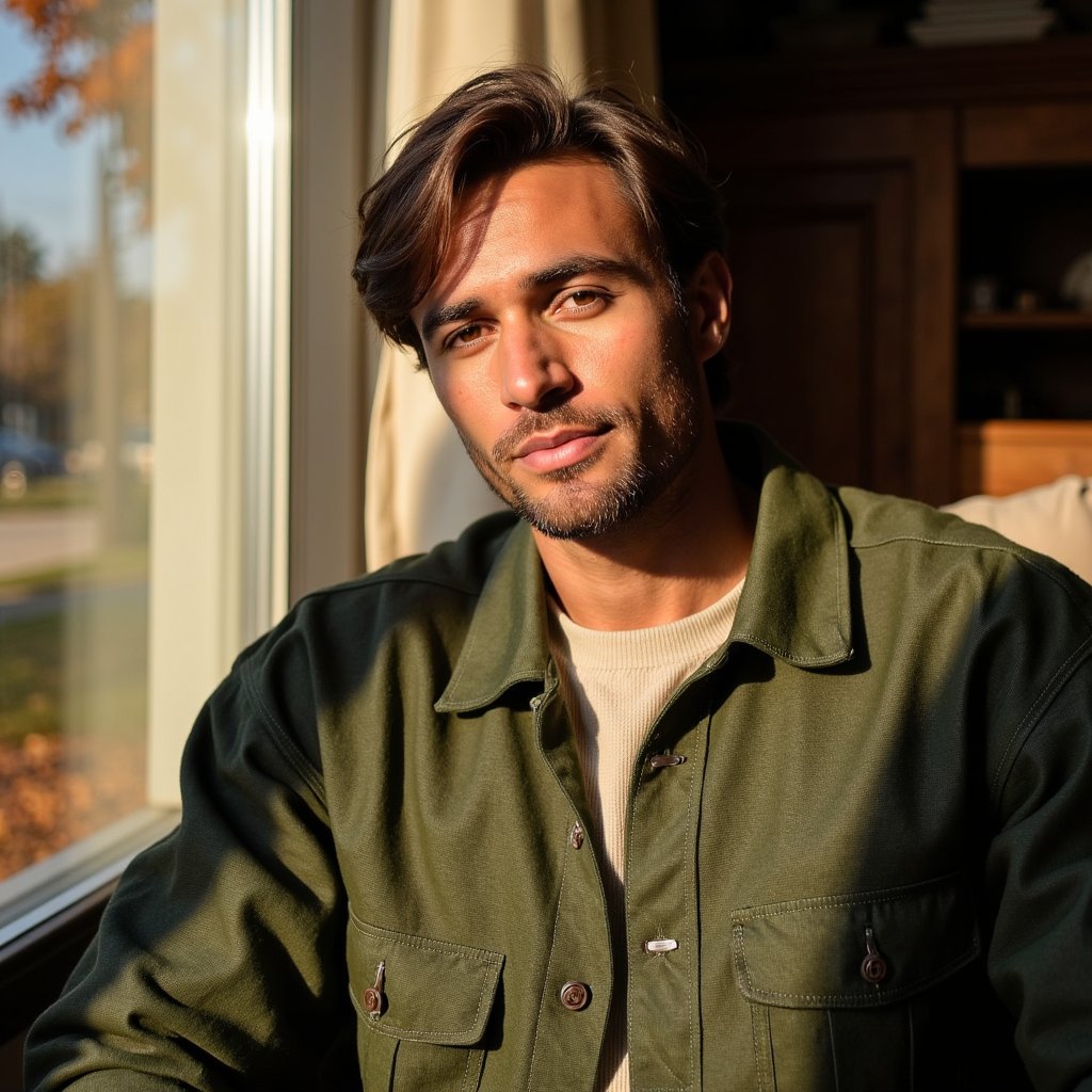 Hyperrealistic, highly detailed, HDR image of a man (male, ~28 yrs) sitting near a large farmhouse window with diffused golden daylight spilling in. Waist-up composition, camera straight-on at eye level. He wears a moss-green flannel shirt layered over a light oatmeal-colored crewneck. His hair is chestnut brown, medium length, slightly messy in a natural way. The light creates gentle contrast between the illuminated right side of his face and soft shadow on the left. His gaze is calm, reflective. Background out of focus: textured linen curtains, faint autumn foliage outside. Detailed skin pores, fine beard texture, flannel weave visible with tiny fibers highlighted by sunlight. Natural cinematic color tones. HDR, high resolution, high quality, highly detailed, photorealistic.