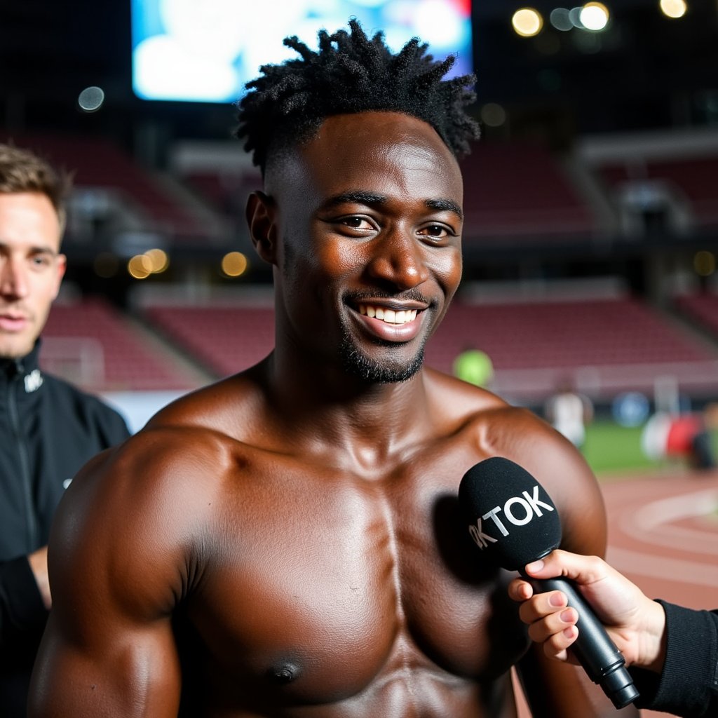 Headshot of a smiling athlete being interviewed trackside, race bib still pinned, hair messy from race, handheld mic visible — post-event celebration moment