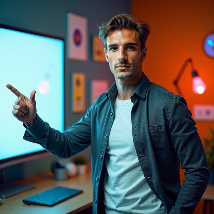 man with a focused and approachable look. He is dressed in a button-up shirt or sweater, pointing to text space or holding a book. The background is clean, with subtle patterns or icons that reflect an educational theme