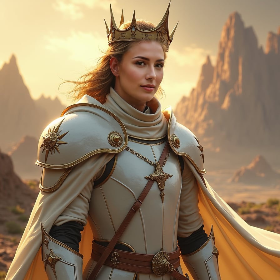 Female paladin, white armor, detailed, magical backdrop.